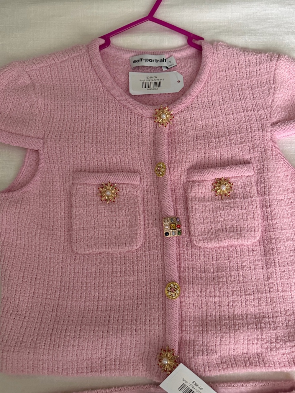 Self-Portrait Pink Jewel Button Knit Cardigan & Mini Skirt Set Size S - Picture 3 of 4